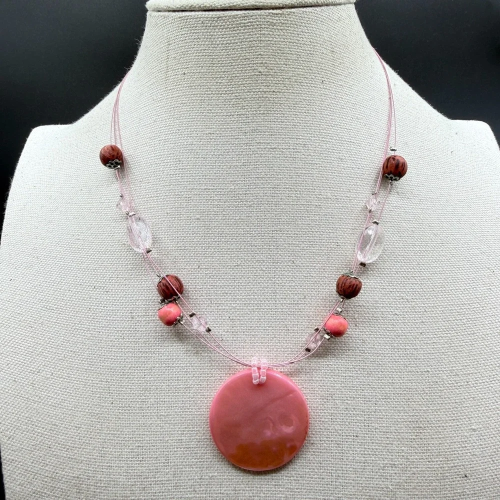 Pink Shell Disc Pendant Beaded Necklace Boho Statement Cottagecore Festival Gift